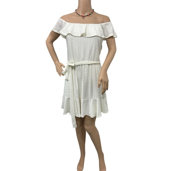 BCBGeneration Ruffled Off Shoulder Eyelet Mini Dress Womens Sz M Cottage White - Picture 3 of 11